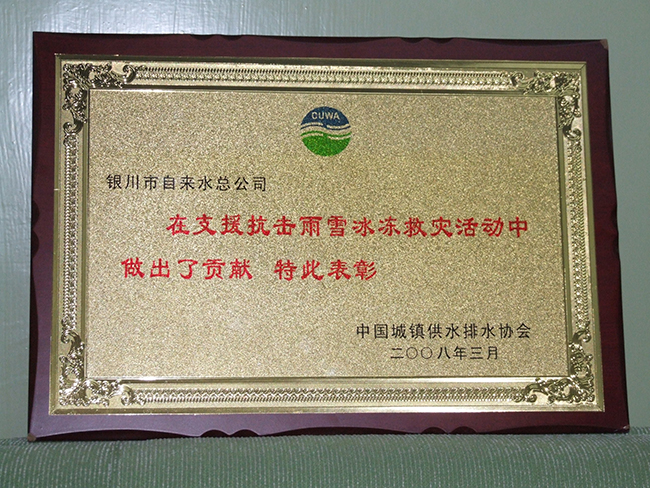 2008年中國城鎮(zhèn)供水排水協(xié)會(huì)“在支援抗擊雨雪冰凍災(zāi)害活動(dòng)中做出了貢獻(xiàn)”特此表彰