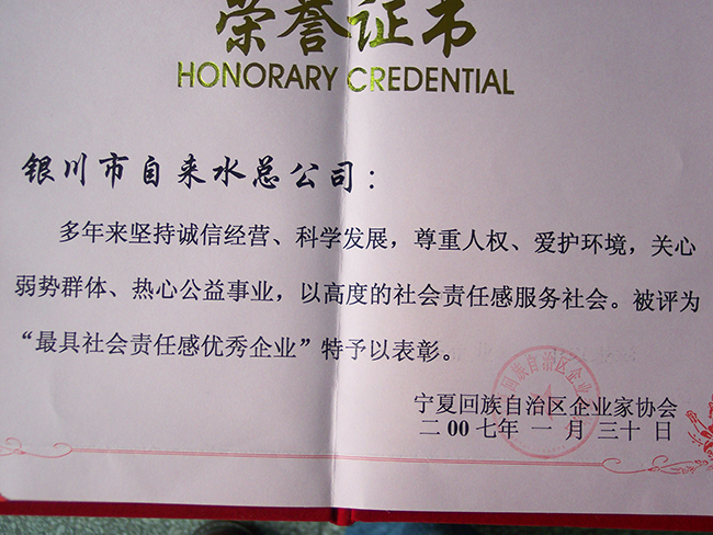 2007年寧夏企業(yè)家協(xié)會“最具社會責(zé)任感優(yōu)秀企業(yè)”