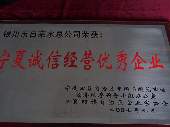 2007年9月區(qū)企業(yè)家協(xié)會寧夏誠信經(jīng)營優(yōu)秀企業(yè)